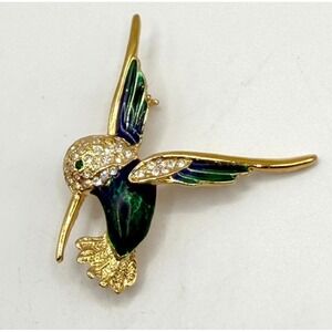 Vintage Roman Hummingbird Brooch Gold Tone Green Blue Enamel Rhinestone Bird Pin